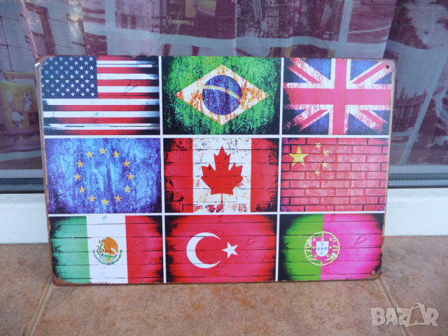 Метална табела разни знамена държави USA UK China Brazil EU 