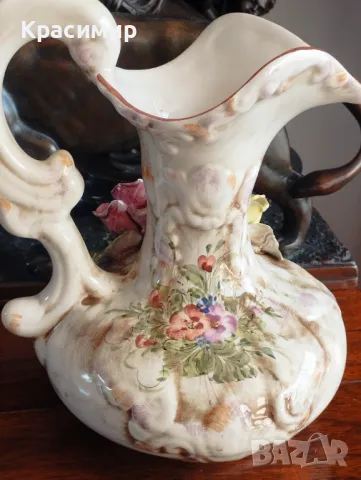 Стара ваза/кана Португалия ръчна изработка.Има пукнатина и забележки по жълтата роза, снимка 7 - Антикварни и старинни предмети - 50104764