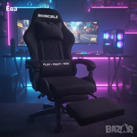 Черен геймърски стол с регулируема височина, лумбална възглавница и метална основа
