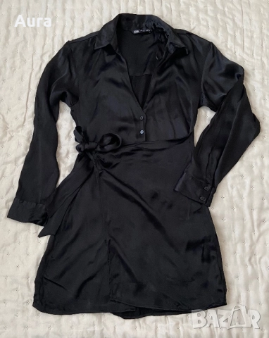 Black satin effect wrap mini dress Zara , снимка 7 - Рокли - 51751067