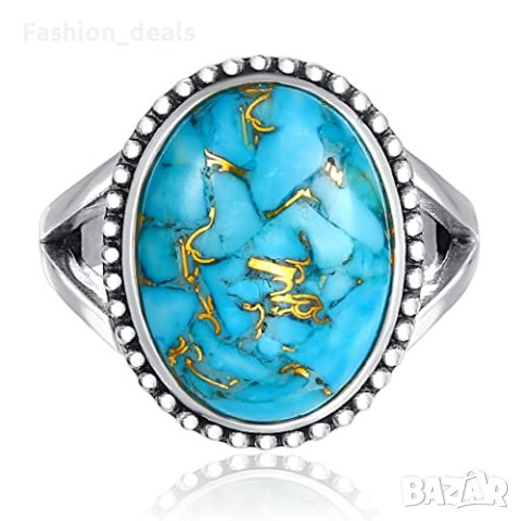 Нов пръстен 16x17мм овална форма син тюркоаз 925 сребро Жени Подарък, снимка 6 - Пръстени - 42107737