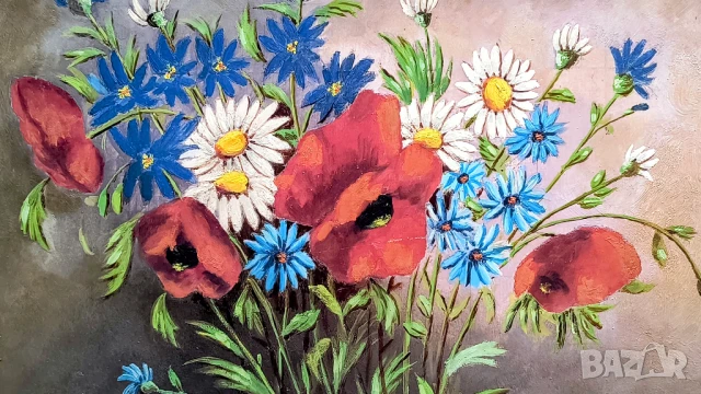 Оригинална маслена картина с цветя – подписана, Гърция, XX век, снимка 3 - Картини - 51236326