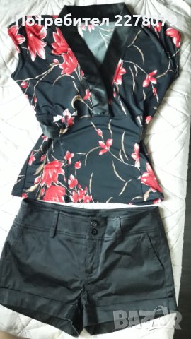 Сатенен комплект от блузка и къс панталон