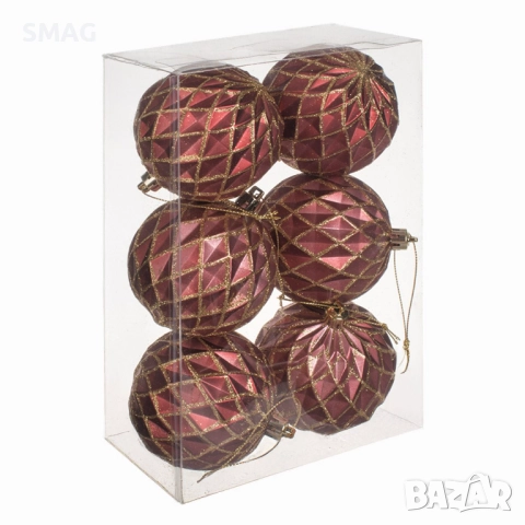 Комплект коледни топки за елха – бордо с релефни ромбове, матови с брокат, Ø8 см – 6 броя_1253576, снимка 2 - Други - 52353899