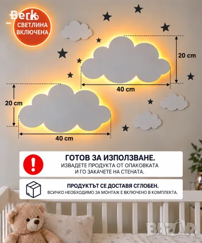 LED детска нощна лампа ,, ОБЛАК”- 2 комплекта, снимка 3 - Лампи за стена - 54162896