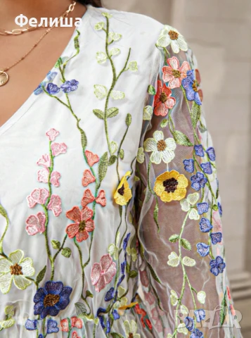 Бутикова Елегантна Ванилово Бяла Дантелена Бродирана Рокля с 3Д Пастелни Цветя и Шик Буфан Ръкав , снимка 2 - Рокли - 50812292