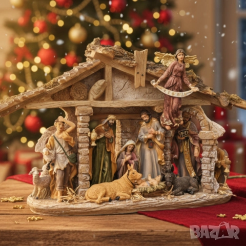 Декоративна сцена на Рождество с дървена постройка и фигурки – Светото семейство и ангел GLORIA