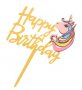 Еднорог глава пъстра грива Happy Birthday Златист твърд Акрил топер за торта украса, снимка 1 - Други - 39012307