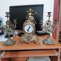 Комплект от бронзови предмети часовник с два броя свещници 3-ка, снимка 1 - Антикварни и старинни предмети - 38649740