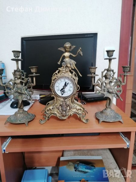 Комплект от бронзови предмети часовник с два броя свещници 3-ка, снимка 1