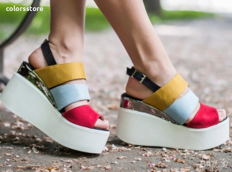 Сандали на платформа - червено, синьо и жълто - 344, снимка 1
