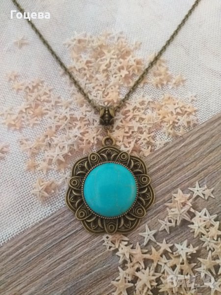 Красиво колие в старинен филигранен стил с голям Тюркоаз , снимка 1