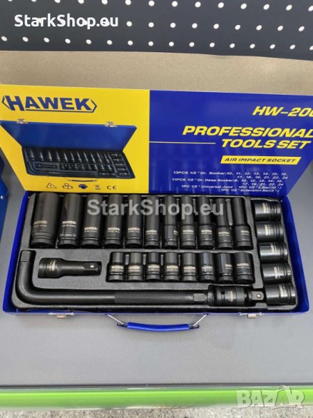  Ударни вложки 27 части 1/2″ Hawek в метален куфар – къси и дълги, снимка 1