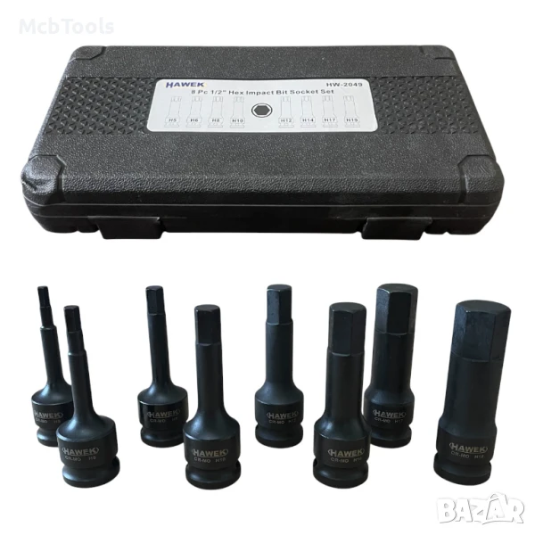 Комплект ударни битове 1/2 – шестограм 8 части HAWEK, снимка 1