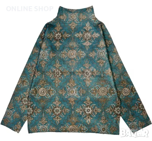 Модерен Дамски пуловер с геометричен принт и висока яка в елегантен стил, снимка 4 - Якета - 53701297