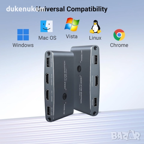 2-Port 4K KVM превключвател – HDMI USB Switch за 2 компютъра, алуминиев корпус, включени кабели, снимка 5 - Друга електроника - 52465712