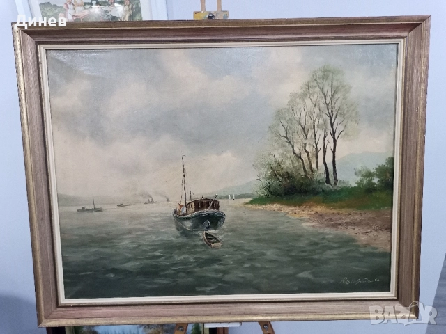 Атмосферна маслена картина "Пейзаж с лодка" (Regehbar '86) - 68x88 см, снимка 10 - Картини - 51967072
