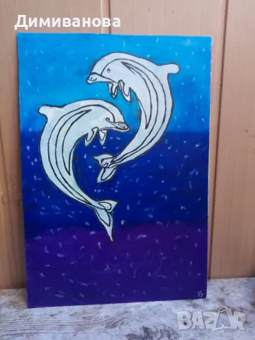 Делфини в рамка със стъкло 35х42, снимка 3 - Картини - 47708828