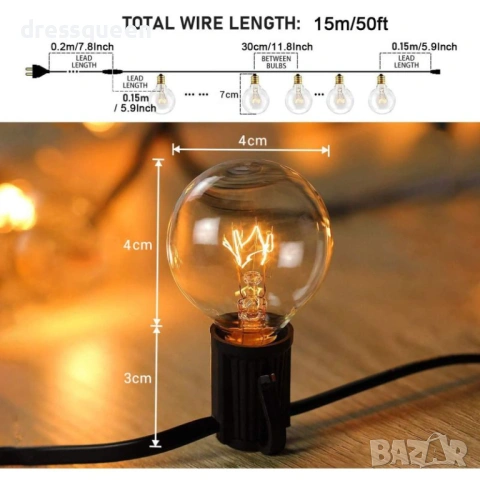 000004 Водоустойчива LED светеща гирлянда за открито 5м 10 крушки и 10м 20 крушки, снимка 2 - Външни лампи - 53637550