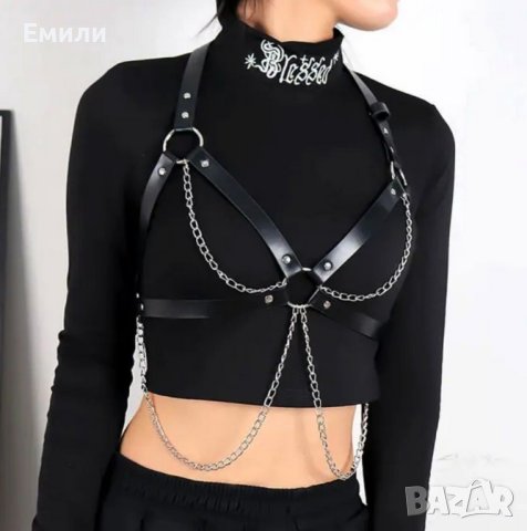 Кожен сутиен харнес нашийник колан за тяло с халки и синджири - M, L, XL, снимка 1