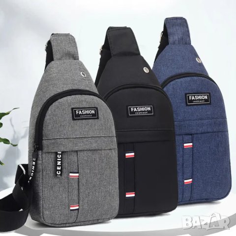 Мъжка чанта, чантичка за пред гърди чанта през рамо, или гръб, черна и сива с отвор за кабел, раница