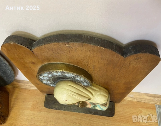 Винтидж стенна религиозна композиция „Мадона в молитва“, дърво, гипс, снимка 6 - Антикварни и старинни предмети - 53230803