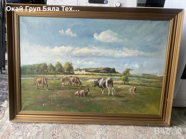 🖼️СТАРА КАРТИНА С ПЕЙЗАЖ И ДОБИТЪК