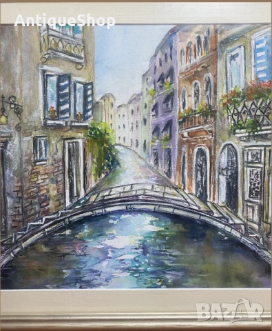 Картина, акварел, пейзаж, мост, подписана, снимка 2 - Картини - 50454417