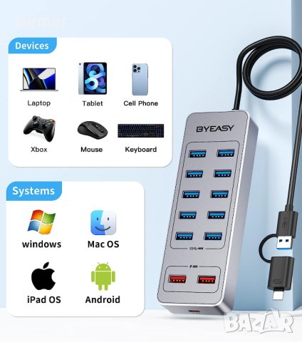 Захранващ USB хъб BYEASY 13-портов за данни 10 USB 3.0 бързо зареждане, снимка 2 - Мрежови адаптери - 41766387
