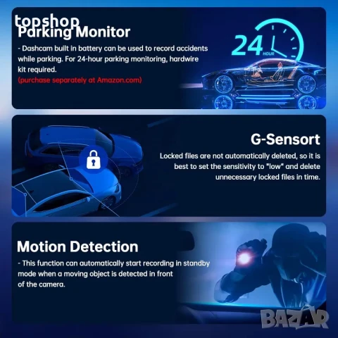 Предна и задна камера А30 Dashcam QHD 2.5K с 64GB 3” IPS WDR Нощно виждане 170° сензор за движение, снимка 7 - Аксесоари и консумативи - 50494849