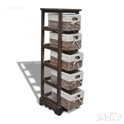 vidaXL Кафяв дървен стелаж с 5 плетени кошници за съхранение, снимка 4 - Кутии за съхранение - 56146333