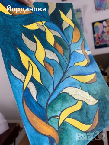 Авторски акварел “Златен лист”, снимка 5 - Картини - 50898790