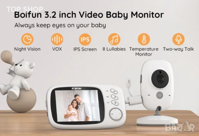 BOIFUN Video Baby Monitor камера, нощно виждане, без WiFi, ECO режим, 3,2-инчов IPS екран, двупосочн, снимка 7 - Комплекти за видеонаблюдение - 48857286