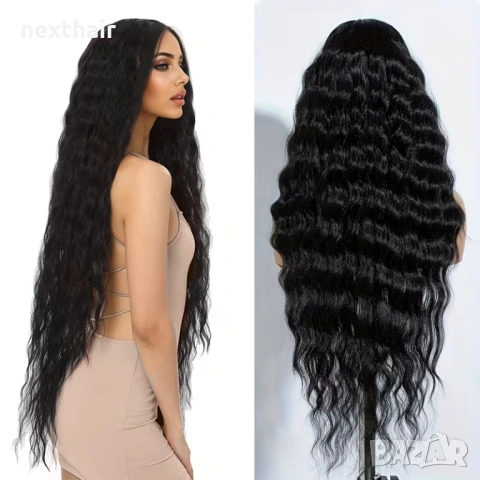 Черна вълнообразна синтетична перука 95 см