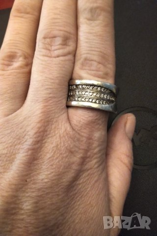 Оригинален  Bvlgari масивно сребро три реда цирконий , снимка 2 - Пръстени - 34853258