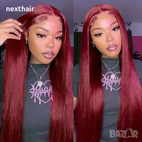 Естествена дантелена перука 80 см - 200% плътност, 13x6 Lace, бургунди тъмно червена права коса, снимка 3 - Аксесоари за коса - 53118020