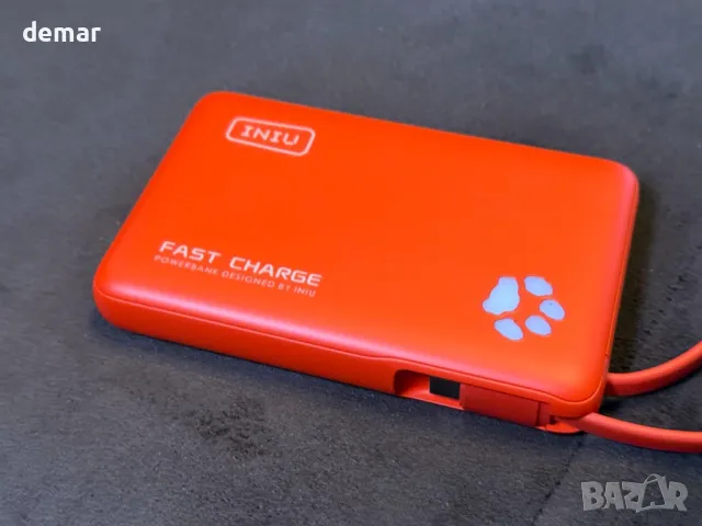 Външна батерия INIU, тънка 10000mAh захранваща банка с вграден USB-C кабел, 20 W, оранжева, снимка 9 - Външни батерии - 49527361