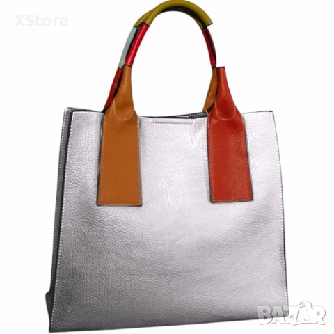 Елегантен комплект от дамска чанта с цветни дръжки и допълнителна малка чанта-несесер, снимка 3 - Чанти - 52584682