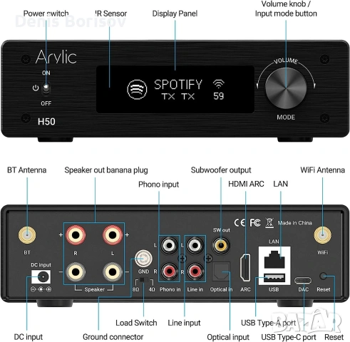 Arylic H50 – Безжичен стерео усилвател с AirPlay 2 и HDMI ARC, снимка 12 - Ресийвъри, усилватели, смесителни пултове - 53660913