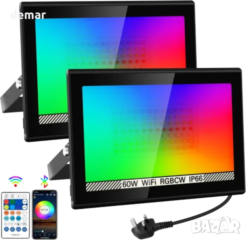NATPOW 60W RGB Прожектори, с дистанционно и APP, WiFi, IP66, (2 броя), снимка 1