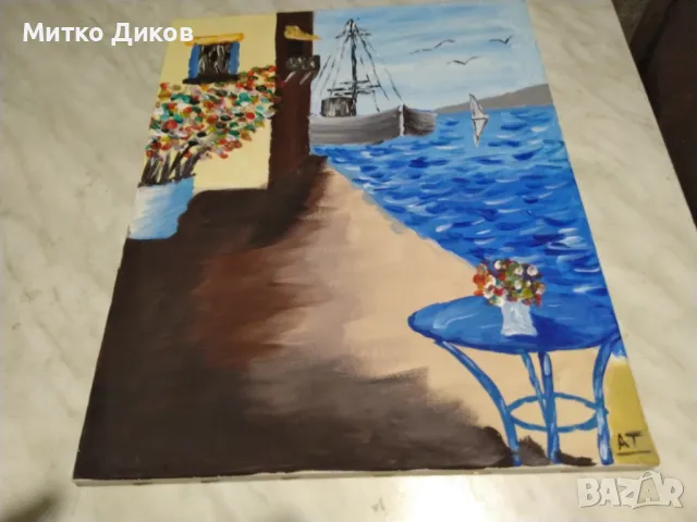 Картина пейзаж акрилни бои Кораб в морето 33х47см, снимка 2 - Декорация за дома - 50303409