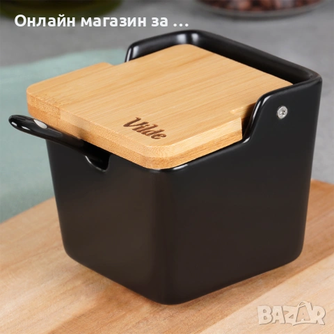 Захарница с лъжица, керамика_бамбук, черна, вместимост 250 мл, размери 9,5x9,5x9см 139675, снимка 3 - Прибори за хранене, готвене и сервиране - 53230814