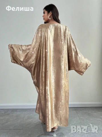 Дълга Арабска Рокля с Бляскав Ефект / Блестящи Отражения Течно Злато - XL / XXL, снимка 7 - Рокли - 50603632