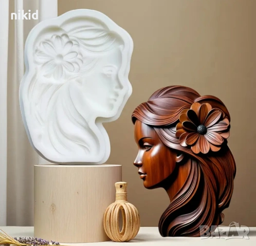Дамско лице дама в профил с цвете в коса силиконов молд форма фондан шоколад гипс декор