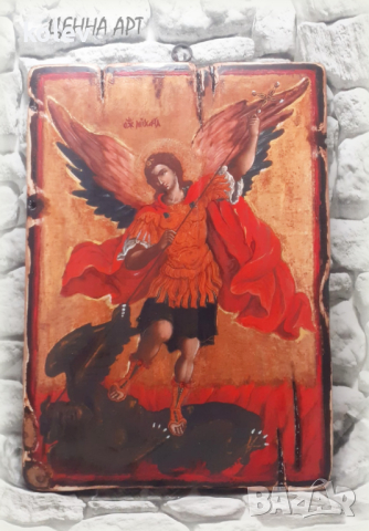 НОВА! Икона Архангел Михаил убива Дявола  30/21 см, декупаж, уникат, снимка 5 - Икони - 38587283