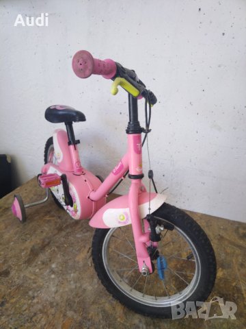Детски велосипед 14 цола със помощни колела за момиченце. Оборудван с предна и задна спирачки, кални, снимка 8 - Детски велосипеди, триколки и коли - 41698092