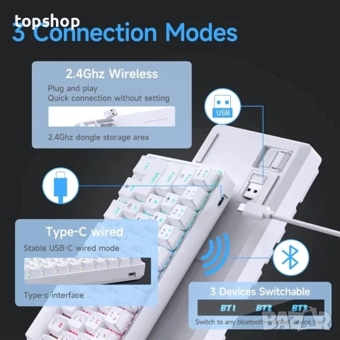 НОВА, ТЕСТВАНА Геймърска клавиатура TMKB T63, механична, безжична с Bluetooth донгъл, бяла..., снимка 5 - Клавиатури и мишки - 51628711
