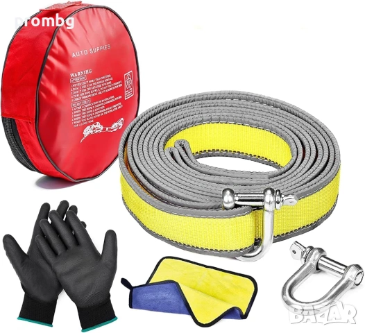 здраво въже за теглене, 9 т, 5м, 2 куки, ръкавици, светлоотразително