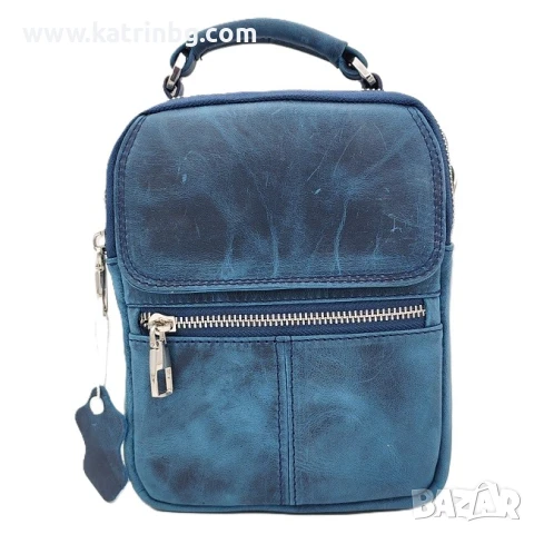 Мъжка кожена чанта през рамо – естествена кожа, светлосиня с ефектен дизайн Код на продукта:K-031