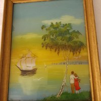 красива картина пейзаж рисувана от вътрешната страна на стъклото със дървена винтидж рамка , снимка 1 - Антикварни и старинни предмети - 44398853
